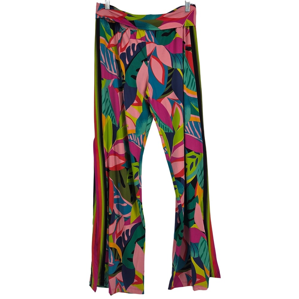 Trina Turk Tropical Print Pants M Pink Green Boho Side Slit Tropical Colorful